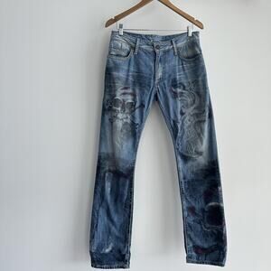 Robin's Jean Jeans Mens 31 Blue Skull Paint Graphic Straight Leg Studded USA